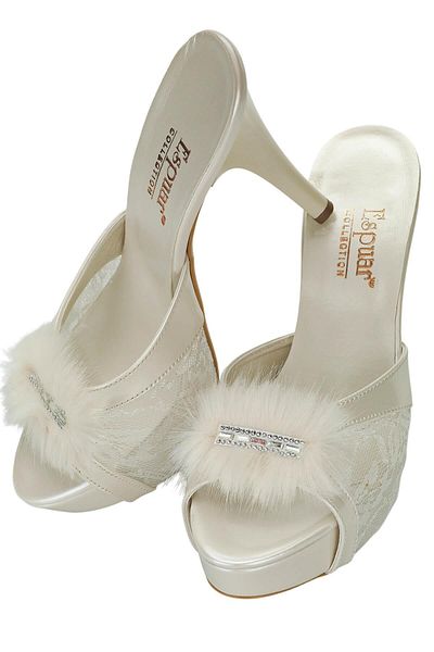 Espuar Women's Ecru Furry Square Stone Heeled Slippers 535