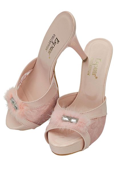 Espuar Women's Powder Feathered Square Stone Heeled Slippers 535