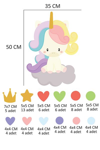 Tilki Dünyası Autocolant de perete pentru cameră pentru copii cu coroană cu unicorn, inimi și buline