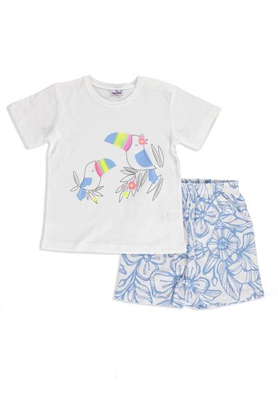 Luggi Girl's White Blue Bird Patterned Cotton Short Sleeve Snap Collar Set of 2