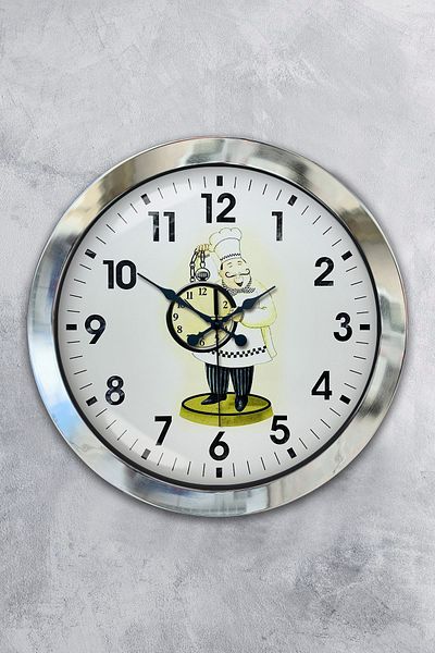 Kasva Concept Gift 36 Cm Chrome Metal Chef Kitchen Wall Clock
