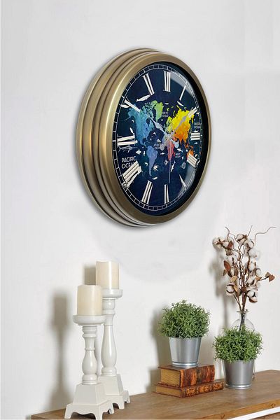 Dream Gift Gift 40 cm Antique Metal Color World Map Wall Clock