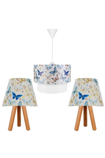 EvLight Set of 3 Chandelier and Nightstand Wooden Lampshade Blue Butterfly