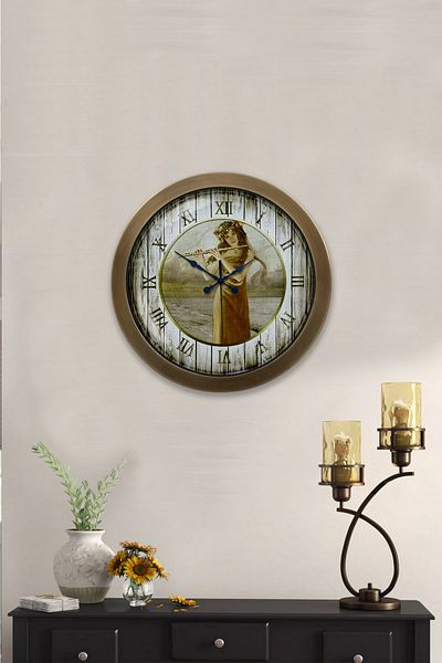 Kasva Concept 36 cm Tumbled Metal Girl Playing Flute Wall Clock