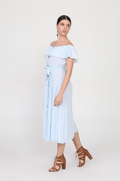 Ceylen Rochie de damă, cu decolteu din cauciuc, cu volane, cu nasturi în față, lungime midi