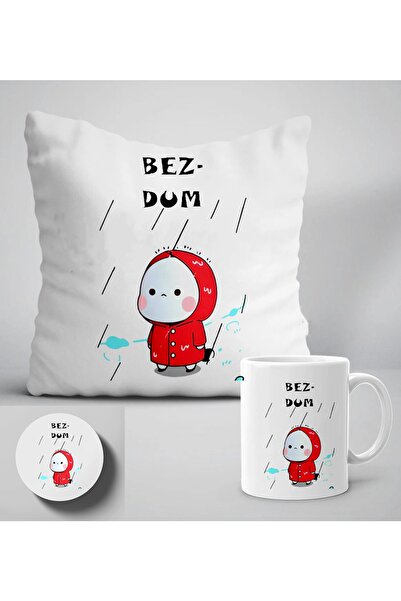 GünayStore Bezdum Yazılı Mochi Cat Baskılı Hediyelik Yastık+kupave Bardak Alt...