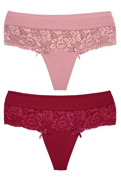 Zena High Waist Lace Detailed Cotton Women's Thong Panties Set of 2 - Large Size
