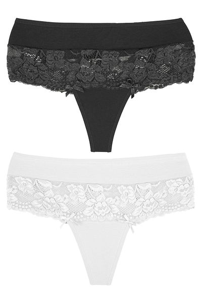 Zena High Waist Lace Detailed Cotton Women's Thong Panties Set of 2 - Large Size