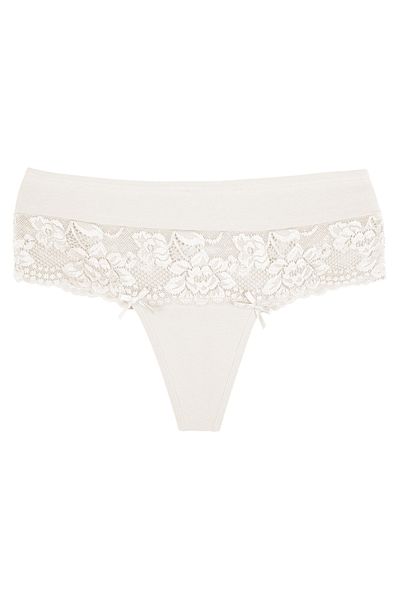 Zena High Waist Lace Detailed Ecru Cotton Large Size Women's Thong Panties