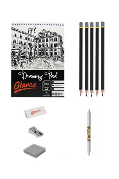 GLANCE Adel Dereceli Eskiz Defterli Karakalem Çizim Seti Pastel Dağıtma Kalemtıraş Silgi Eskizseti