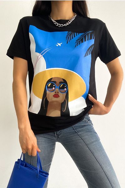 FEMELLE Tricou negru din bumbac imprimat nou sezon pentru femei