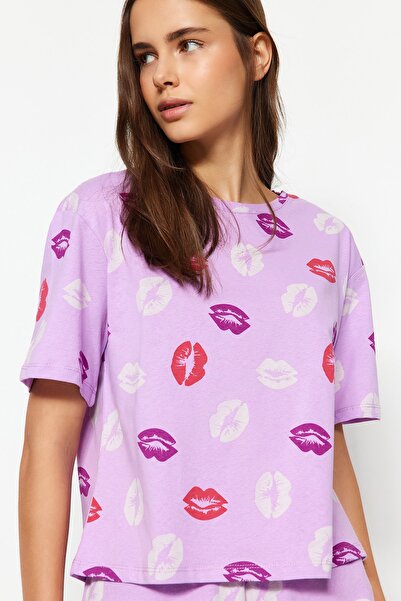 Trendyol Collection Lila 100% pamut ajakmintás rövidnadrág kötött pizsama szett THMSS21PT0468