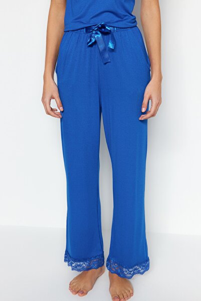 Kolekcia Trendyol Modrá čipka a stuha/detail mašle Remienok z viskózy Pletené pyžamá Thmss20Pt0134