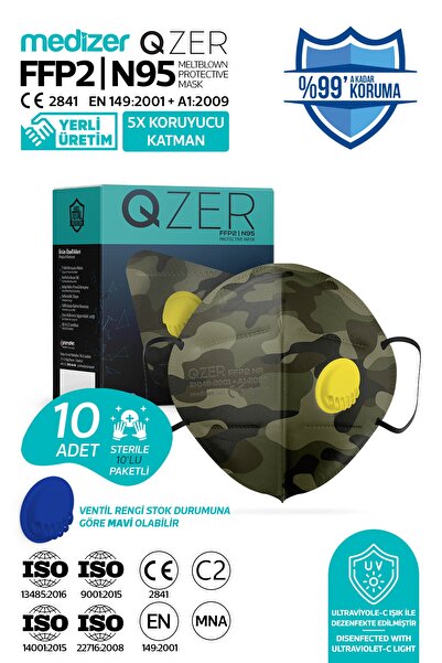 Medizer Qzer Yeşil Kamuflaj Desenli 5 Katlı Ventilli Ffp2 Nr N95 Maske 10 Adet