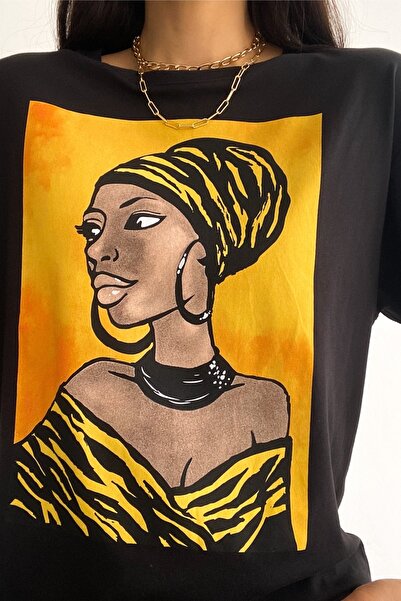 FEMELLE Γυναικείο βαμβακερό μπλουζάκι γυναικείο εμπριμέ σε μαύρο σχέδιο τριών τετάρτων