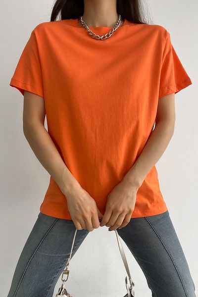 FEMELLE Tricou de bază portocaliu cu gât 100% bumbac pentru femei