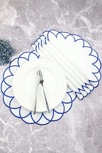 WEARE2 Set american modern, rotund, brodat, de culoare albastră, de 6 piese