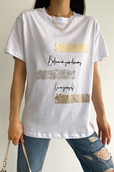 FEMELLE Tricou de damă din bumbac alb cu broderie și paiete