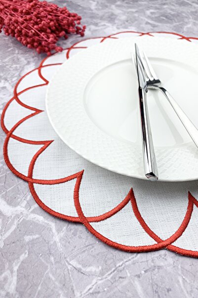 WEARE2 Red Colored Modern Embroidered Round 2-Piece Placemat