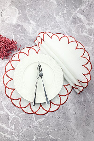 WEARE2 Set american rotund din 4 piese, brodat, modern, de culoare roșie