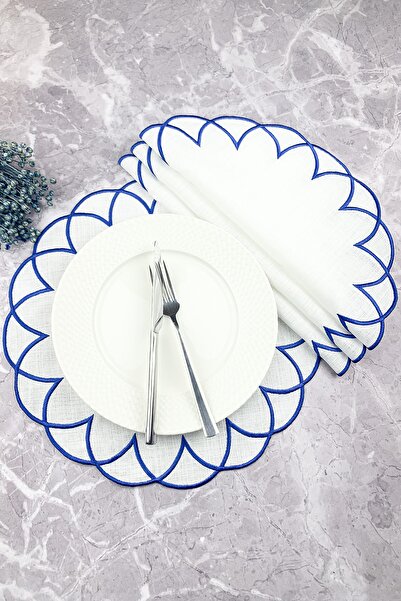 WEARE2 Set american modern, rotund, brodat, de culoare albastră, cu 4 piese