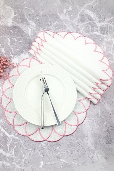 WEARE2 Set rotund modern cu broderie, de culoare roz, pentru 6 persoane, stil...