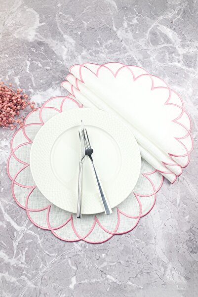 WEARE2 Set american rotund din 4 piese, brodat, modern, de culoare roz