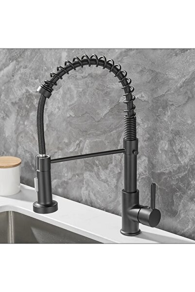 İSAOĞLU YAPI Siyah Mutfak Bataryası Siyah Endüstriyel Evye Musluğu Mat Siyah Spiralli Uzayan Sistem Batarya