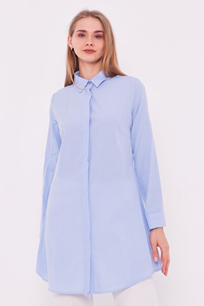 MİSS M.A.T FASHİON Ледено синя класическа дамска риза Boyfriend Hidden Placket