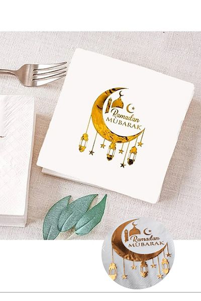 Parti dolabı Χρυσή γυαλιστερή χαρτοπετσέτα Ramadan Mubarak 16 τεμαχίων με χρυσό φύλλο με θέμα το Ραμαζάνι Επιτραπέζιο σερβίτσιο Iftar Θρησκευτικό στολίδι 16x16cm