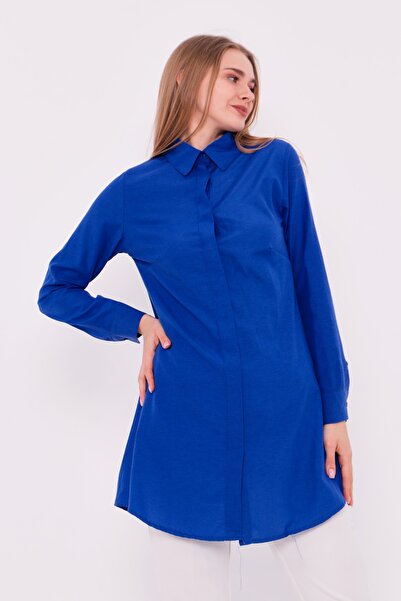 MİSS M.A.T FASHİON Boyfriend Klasik Gizli Pat Sax Mavi Kadın Gömlek