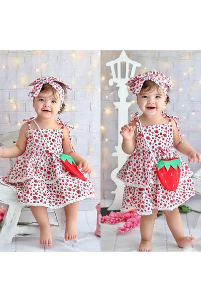hira kids collection Rochie pentru fetiță cu model căpșuni, bandană și geantă incluse