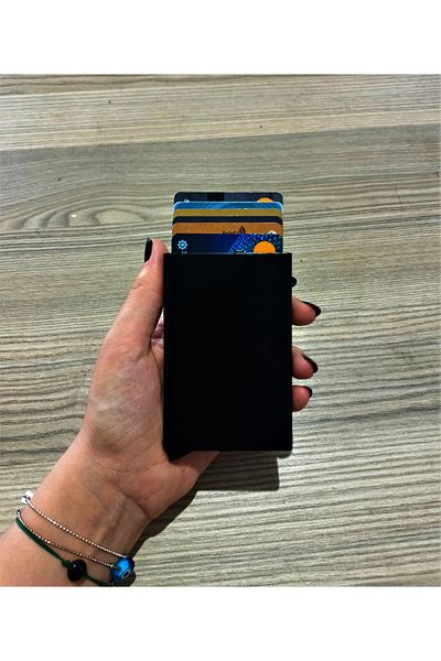 Ozka Leather Collection Θήκη κάρτας με αυτόματο μηχανισμό - Μαύρο ματ αλουμίνιο