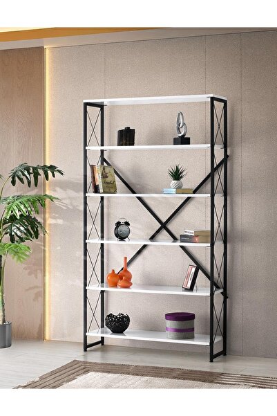 Erezogulları Mobilya Ferforje Beyaz Ahşap 5 Raflı Kitaplık 100x30x180