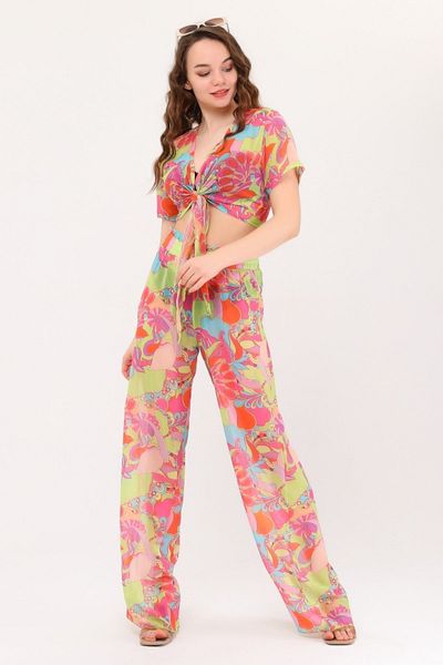 Bolder Nico Pink Crispy Floral Pattern Beach Trousers Crop Set
