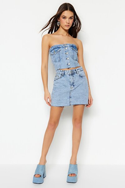 Trendyol Collection Fustă albastră din denim cu talie înaltă, cu detalii cu picior mini TWOSS23ET00114