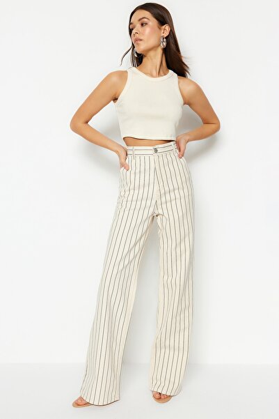 Trendyol Collection Többszínű csíkos, magas derekú, széles lábszárú farmernadrág TWOSS23JE00247