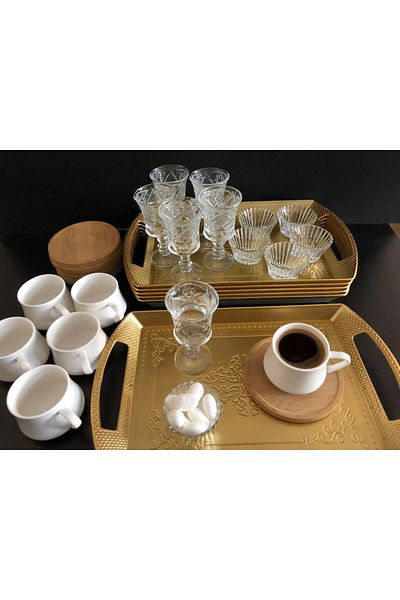 DİBA AVM Luxury 30-Piece Bamboo Cup Set for 6 People with Single Presentation Tray Coffee Side Water Cup Turkish Delight Set