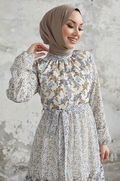 InStyle Rochie din șifon cu curea florală Nessa - Albastru