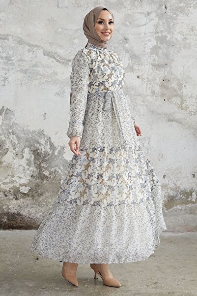 InStyle Nessa Floral Belted Chiffon Dress - Blue