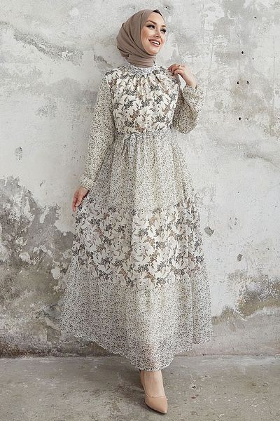 InStyle فستان شيفون بحزام من Nessa - بني