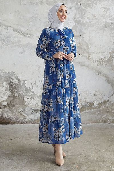 InStyle Φόρεμα από σιφόν με μοτίβο Liviza - Saks Blue