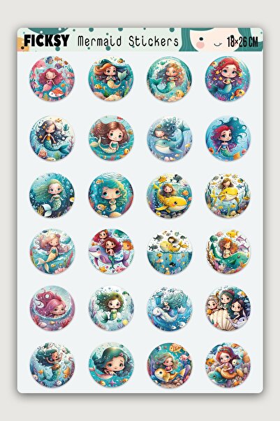 Ficksy Sevimli Deniz Kızı Sticker Seti - 24 Adet Yuvarlak Deniz Canlıları Bal...