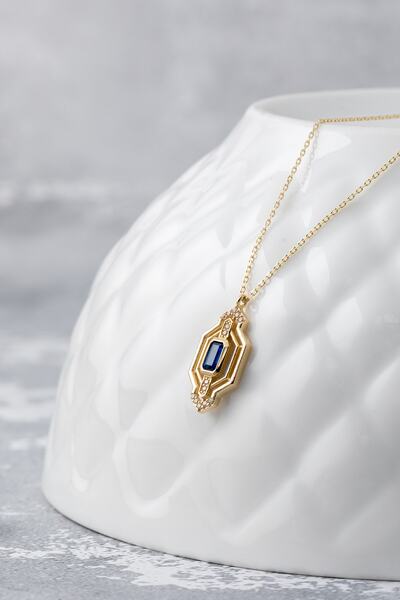 Cenova Jewelry 14 Ayar Altın Mavi Taşlı Tasarım Kolye