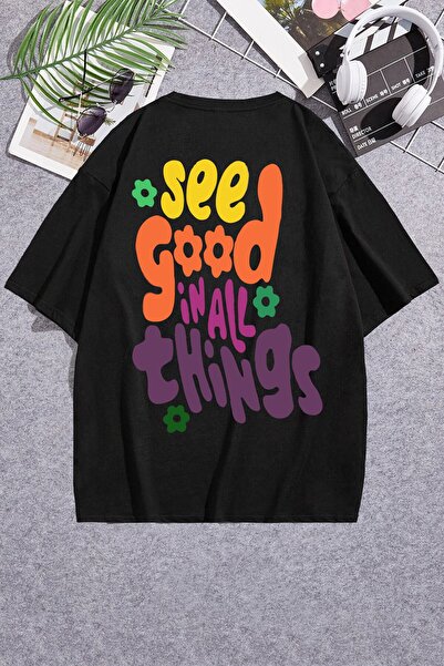 FUWEAR Μαύρο Βαμβακερό μπλουζάκι με λαιμόκοψη με λαιμόκοψη σε όλα τα πράγματα