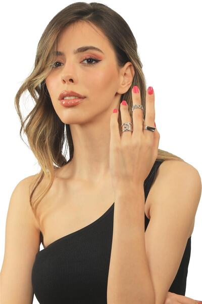 LABALABA Women's Silver Color Lacquer Plated Adjustable Design Product 3-Piece Ring Set