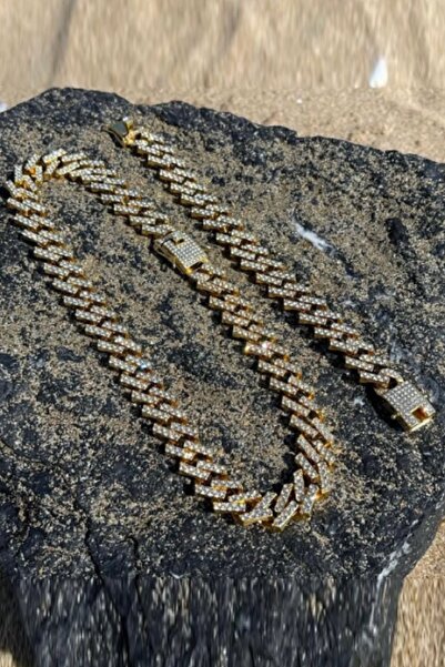 UBUH SHOP Prong Cuban Chain Gold Full Zirkon Taşlı Unisex Kolye Bileklik Seti