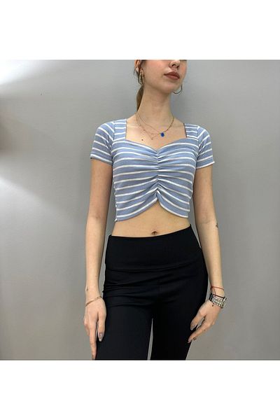 Tam Moda Γυναικεία Crop μπροστινή μπλούζα με μπλε ριγέ καμιζόλα