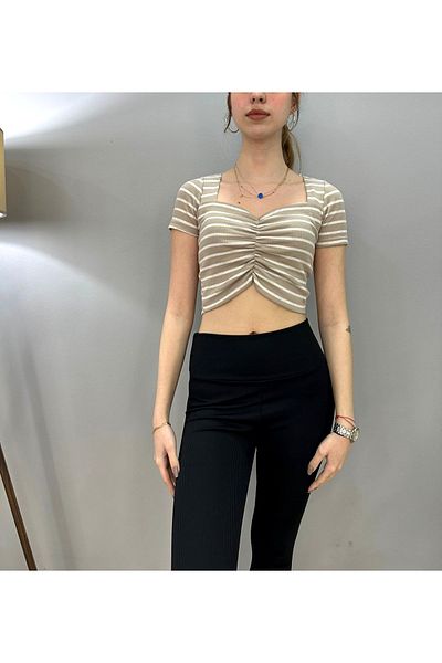 Tam Moda Γυναικεία Crop μπροστινή μπλούζα Shirred Mink ριγέ καμιζόλα