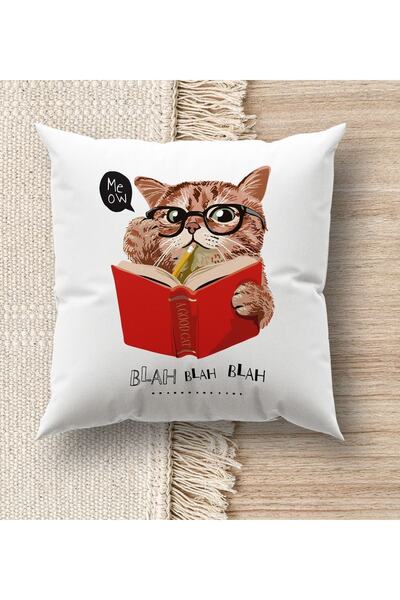 Bk Gift Kedi Tasarımlı Beyaz Kırlent Yastık, Ev Hediyesi, Ev Dekorasyonu, Dek...
